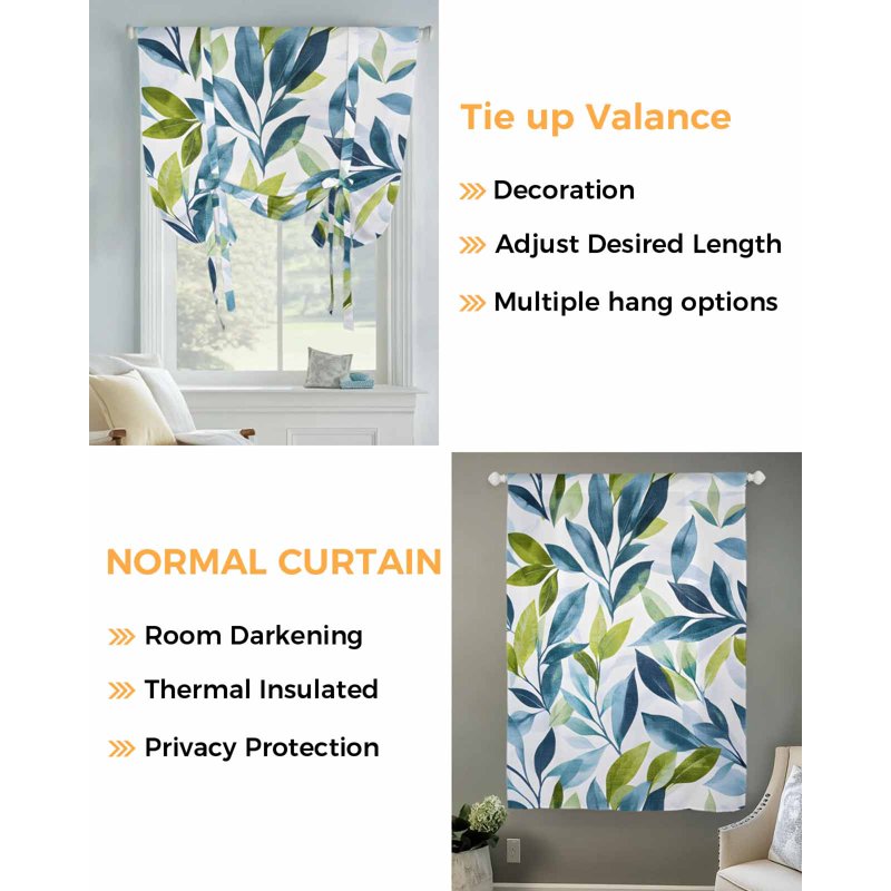 Teal Green Leaves Tie Up Window Curtain Valance with Thermal Insulation - Adjustable Rod Pocket Panel for Kitchen Bathroom Cafe