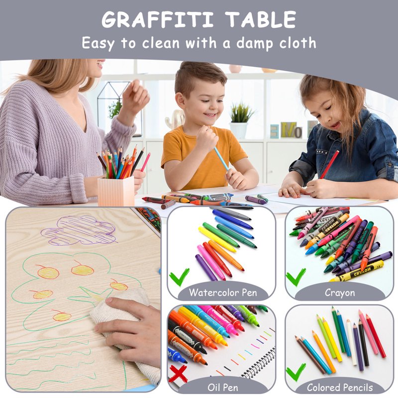 Kids Height Adjustable Activity Table Set with Graffiti Desktop & Chairs - Toddler Play Furniture