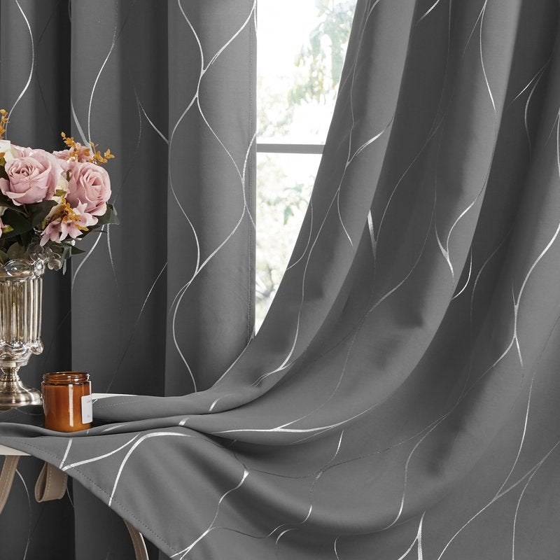 Blackout Curtain Panels with Silver Foil Wave Print - Room Darkening Drapes for Bedroom & Living Room