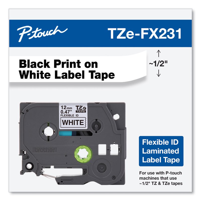 Brother TZE-FX231 Laminated Flexible Label Tape 1/2 Inch Black on White