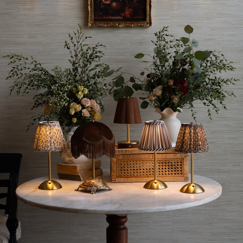 Rechargeable Victorian Style Velvet Fringe Table Lamp with Antique Gold Base