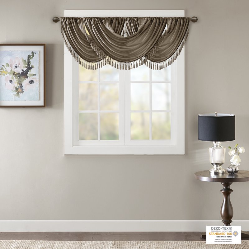 Faux Silk Waterfall Window Valance with Tassel Trim - Bronze 38x46 Inches