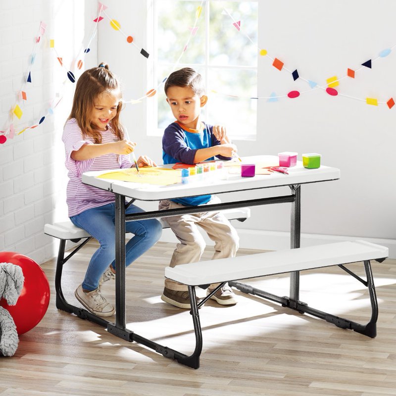 Kids Folding Activity Table and Bench Set - White, 3-8 Years