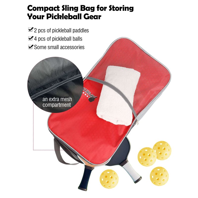 Deago Pickleball Sling Bag — Red, 2 Paddles & 4 Balls, Adjustable Strap