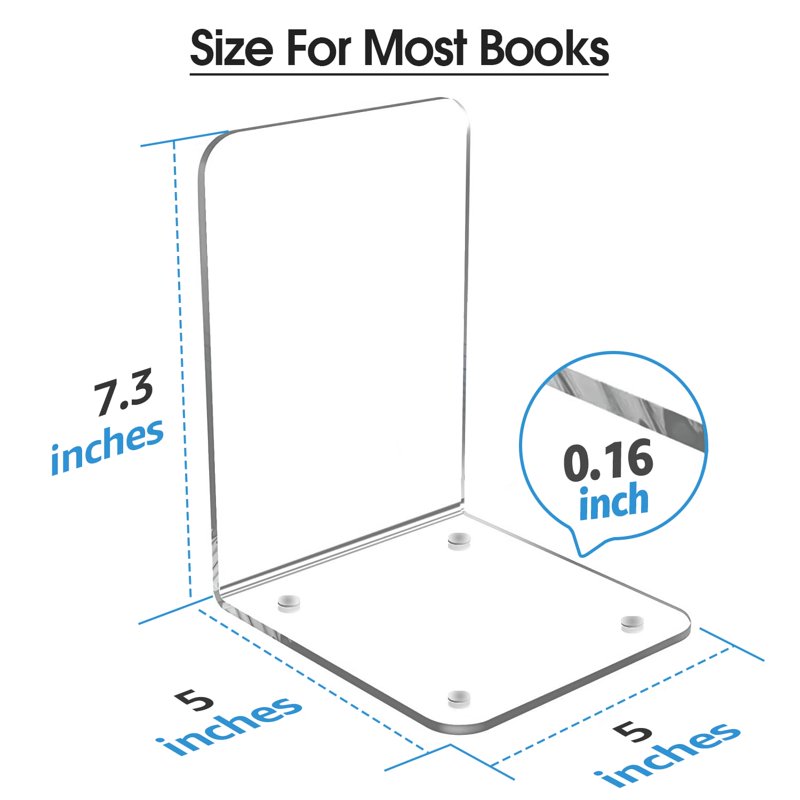 Clear Acrylic Bookends for Shelves - Stylish Book Stoppers, Non-Skid, 2 Pairs