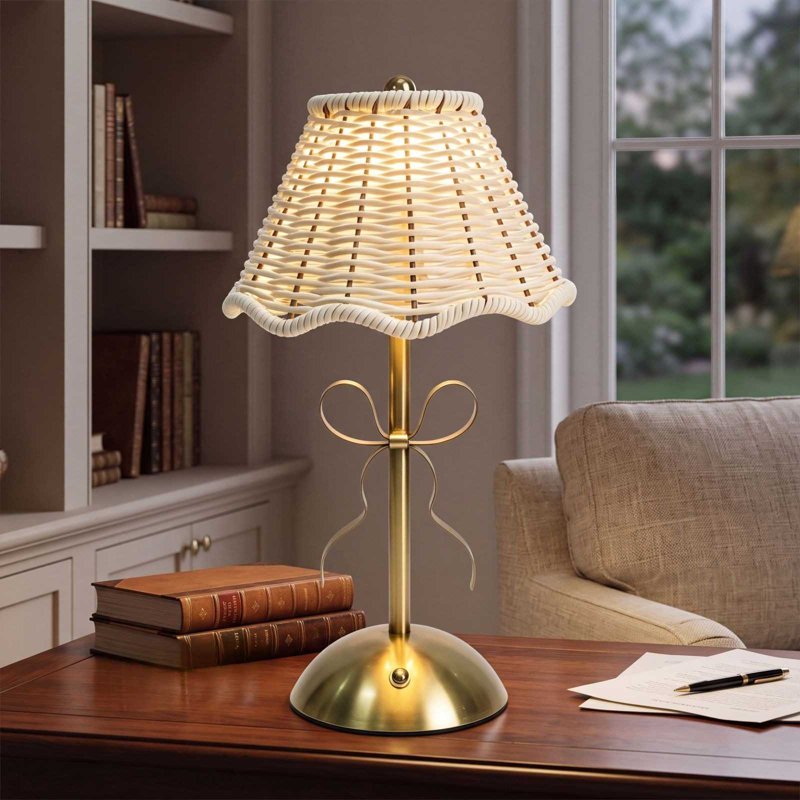 Cordless Rattan LED Table Lamp with Touch Dimming & USB Rechargeable Nightstand Light for Bedroom & Living Room
