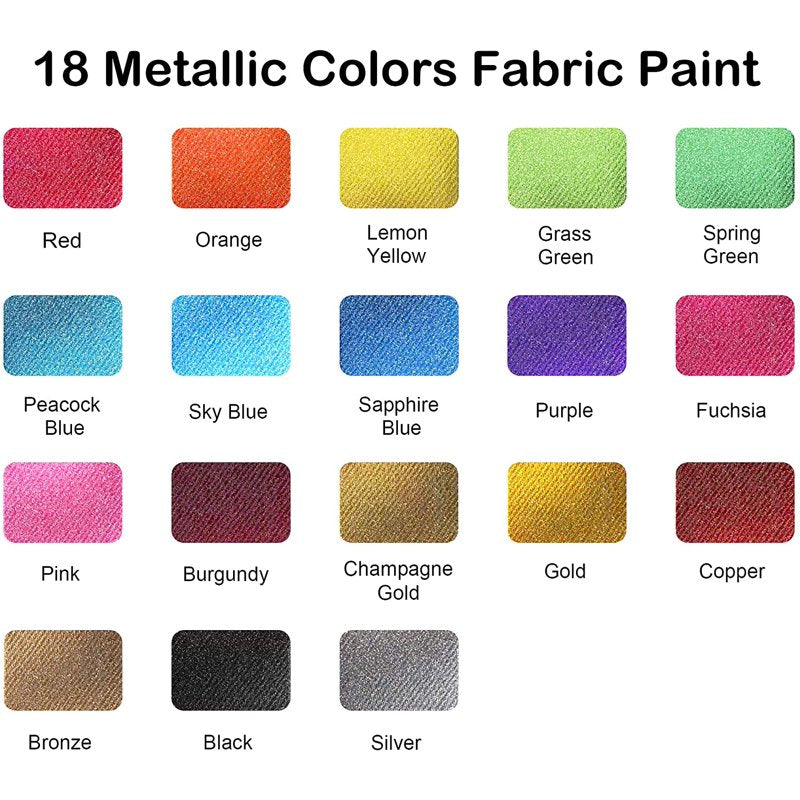 Metallic Fabric Paint Set with Stencils & Brushes - 18 Colors for DIY Textiles