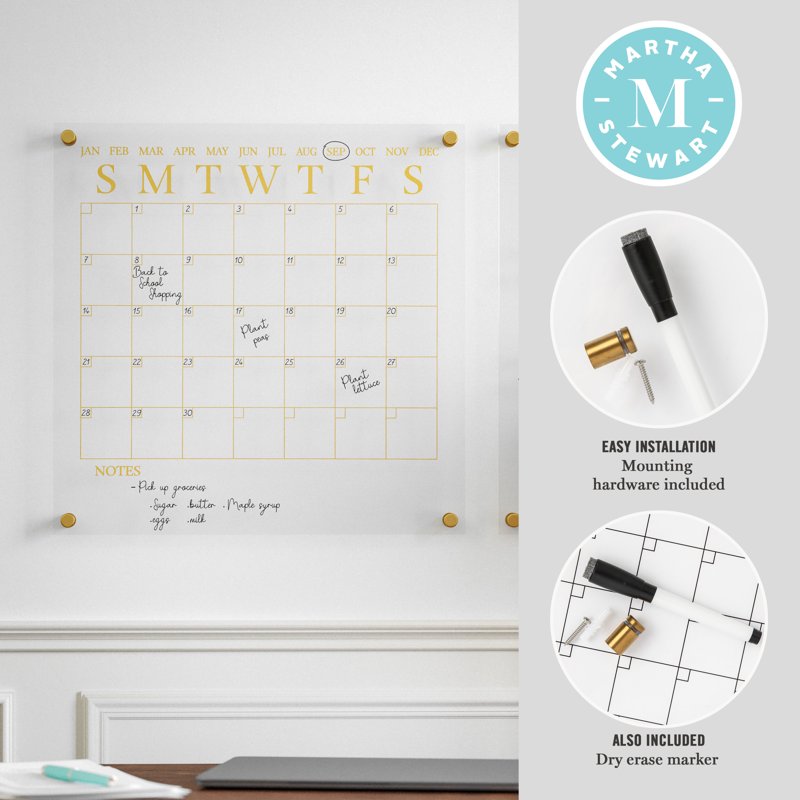 Acrylic Wall Calendar and Notes Board Set with Dry Erase Marker - Clear with Gold Print