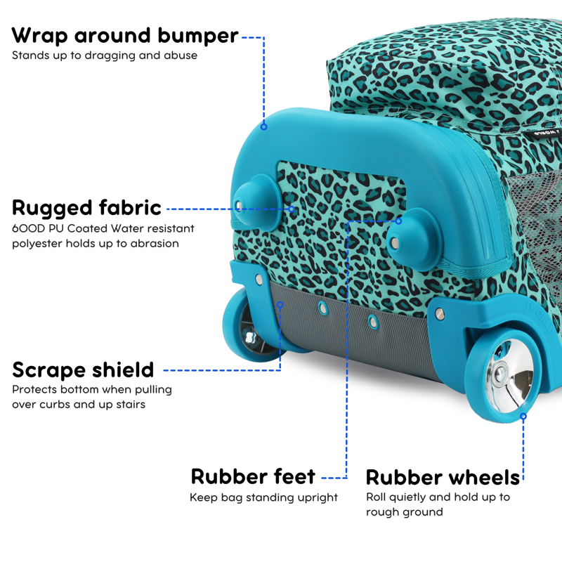 Girls 18-Inch Rolling Backpack for School and Travel - Mint Leopard