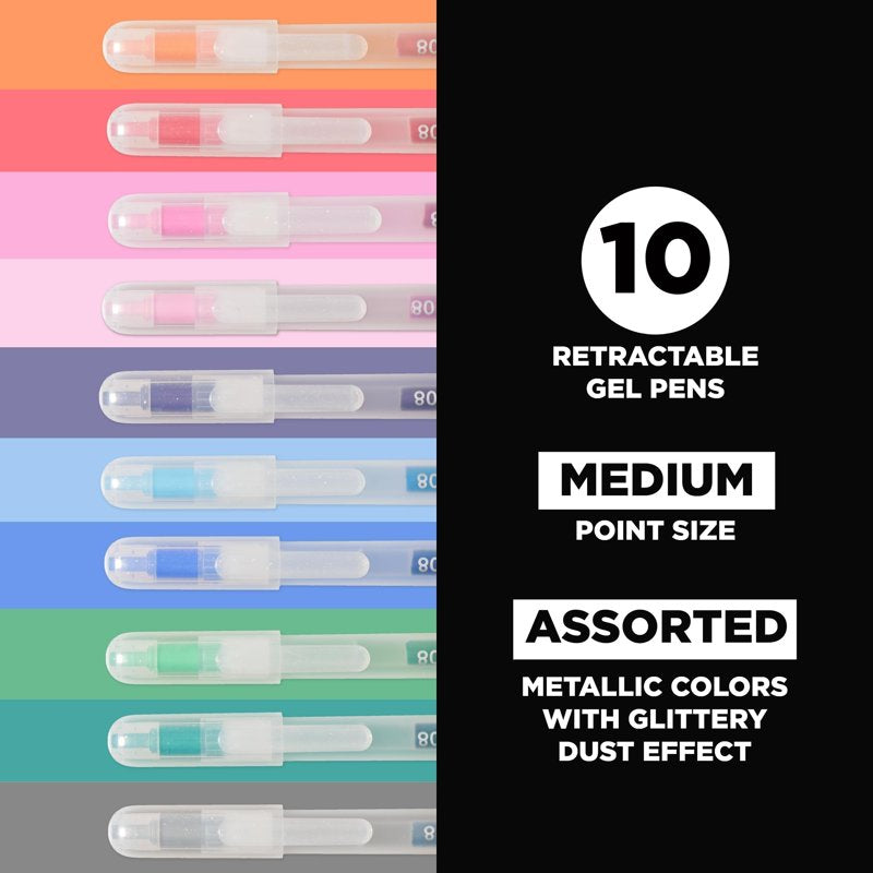 Gel Pens Set with Glitter Ink - Retractable Colored Gel Pens for Journaling and Art - 10 Pack