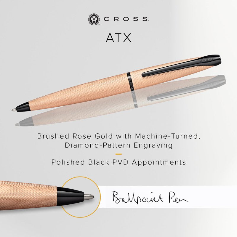 Cross ATX Brushed Rose Gold Ballpoint Pen with Diamond-Pattern Engraving and Polished Black PVD