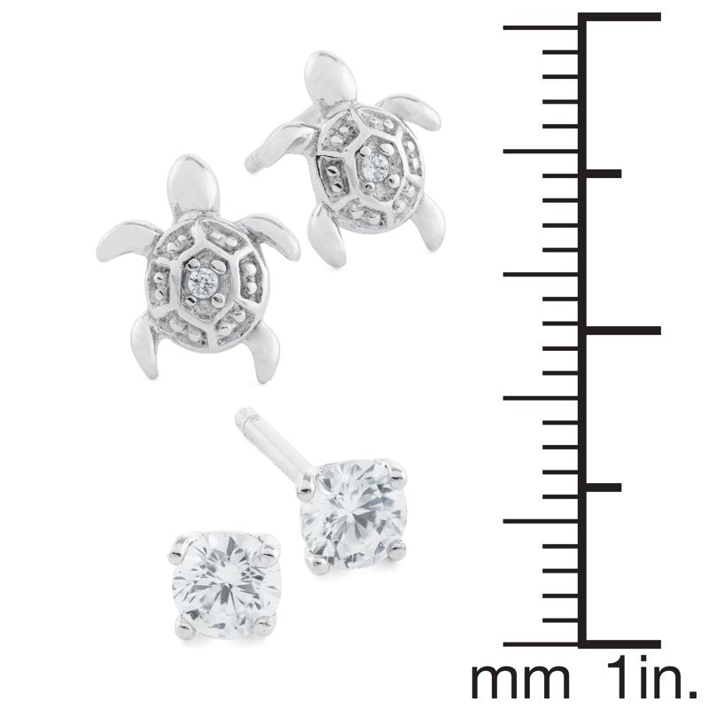 Sterling Silver Cubic Zirconia & Turtle Stud Earrings Set for Women & Teens