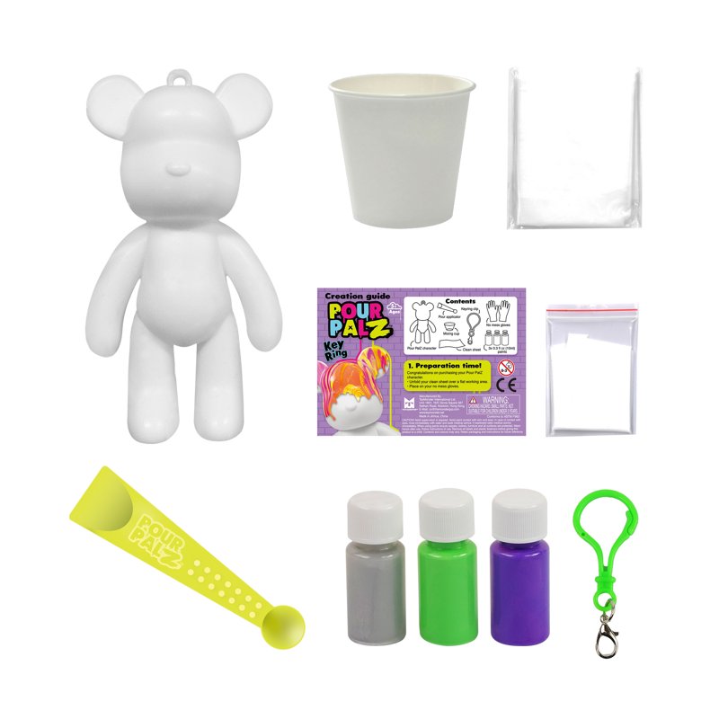 Paintable Mini Bear Keyring Craft Kit for Kids - DIY Marbled Art, 3.2 Inches, Green