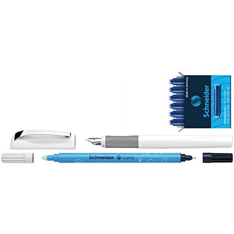 Fountain Pen with Eraser & 6 Royal Blue Erasable Ink Cartridges - Medium Nib, White Barrel