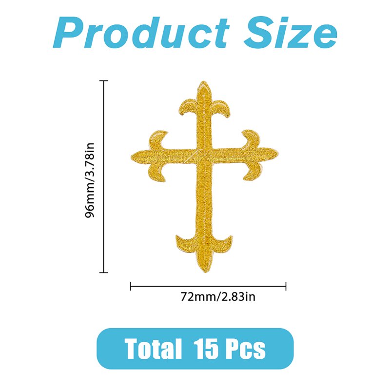 Gold Cross Embroidery Patch 15 Pack Polyester Metallic Thread Sewing Craft Decoration