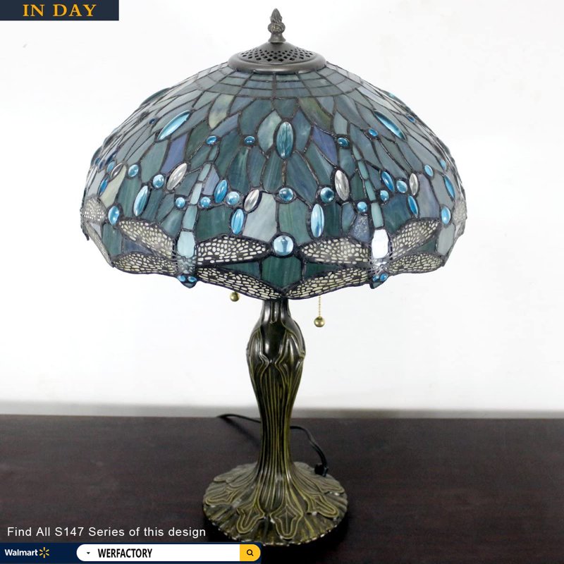 Large 24-Inch Sea Blue Tiffany Table Lamp with Stained Glass Dragonfly Design