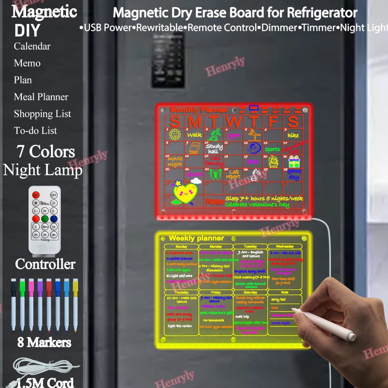 7 Colors Change LED Magnetic Acrylic Calendar - Fridge Organizer & Dry Erase Board