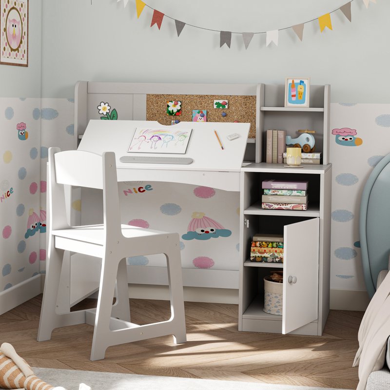 Kids Study Desk and Chair Set with Tiltable Desktop and Storage - Wooden Writing Table for Ages 5-12