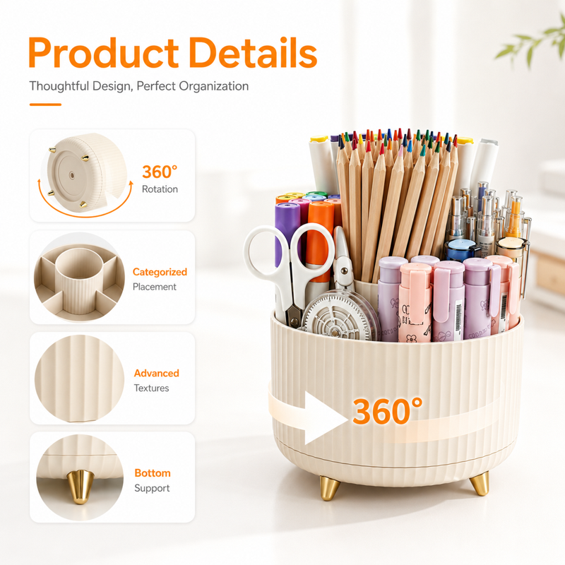 Rotating Desk Organizer with Multi-Compartment Pen Holder - 360° Spin for Office, Kitchen, Crafts, Makeup