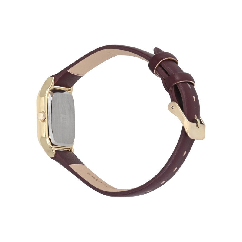 Goldtone Square Case Watch with Burgundy Leather Strap for Ladies