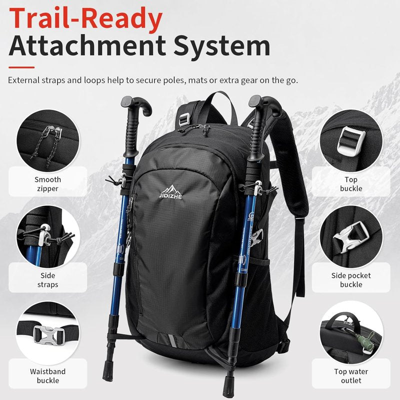 JIDIZHE 35L Hiking Backpack Black003 – Water-Resistant Daypack with Rain Cover, Lightweight, Adjustable Chest Strap