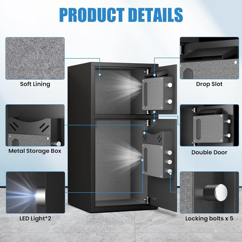 Large Digital Security Safe with Double Doors, Drop Slot, Alloy Steel, LED Light