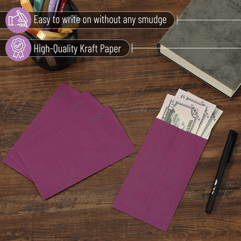 Purple Money Envelopes 100 Pack - Secure Cash & Gift Storage 6.5 x 3.5 Inches