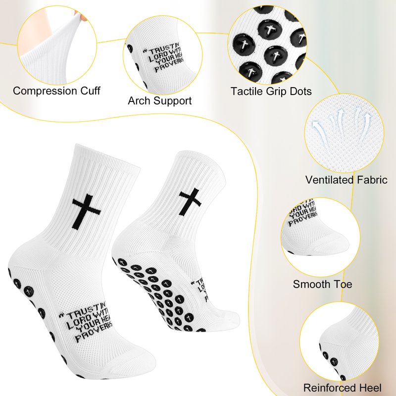 Cross-Grip Soccer Socks 4-Pair Set, White, Anti-Slip Training Socks US 7-11