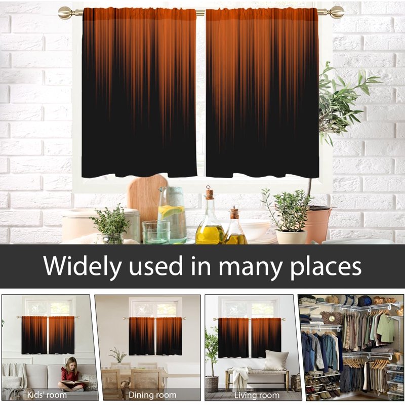Modern Orange and Black Window Curtains for Kitchen Bedroom Living Room - 1 Pair, 27.5x39 Inches
