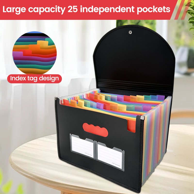 Expanding File Folder with 25 Pockets A-Z Labels Portable Organizers Black