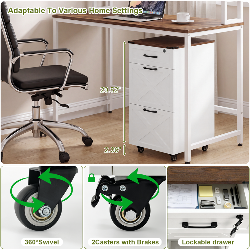 3-Drawer Lockable File Cabinet for Under-Desk Office Storage - Rustic Farmhouse Design