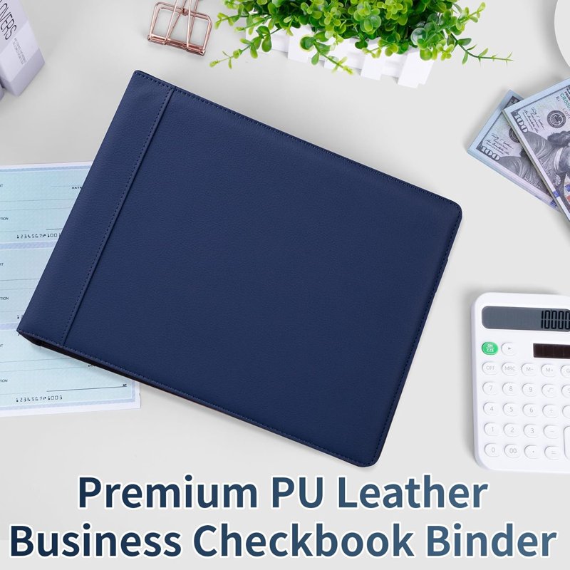 3 Ring Checkbook Binder with Zipper Pouch - Small PU Leather Organizer for Checks & Receipts, Navy Blue