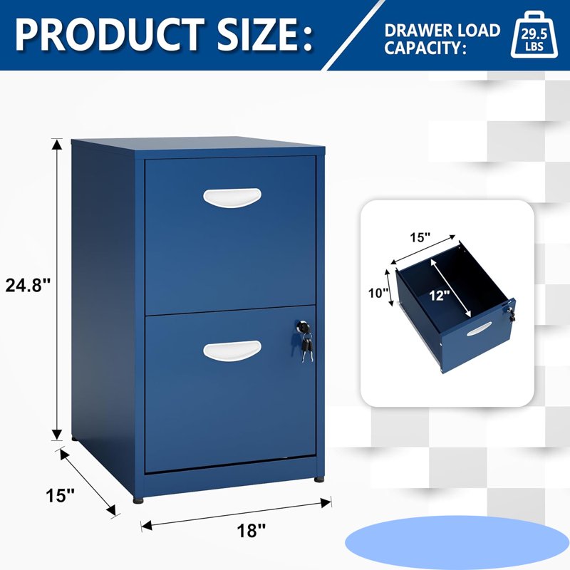 Metal 2 Drawer File Cabinet with Lock - Mobile Office Storage on Wheels