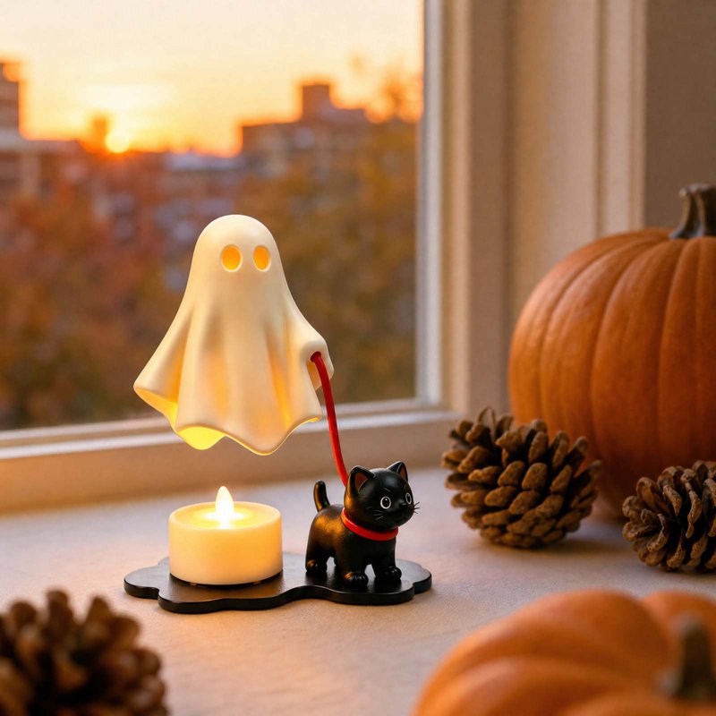 Halloween Ghost Walking Cat Figurine Lamp with Candle Warmer - Gothic Resin Night Light
