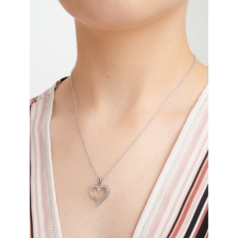 Silver Open Heart Pendant Necklace with Diamond Accent - 18 Inch Chain