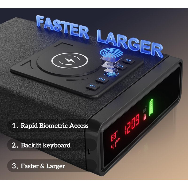 Biometric Smart Safe with Wireless Charging and Digital Clock - Compact Security Box
