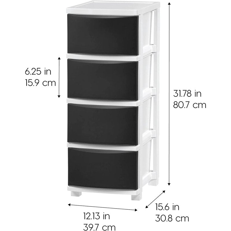 Slim Plastic Drawer Storage Tower - 4 Drawers, White/Black