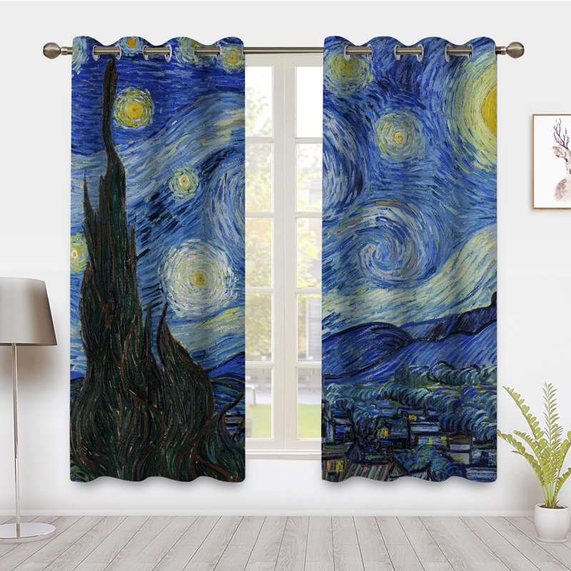 Starry Night Window Curtain Set - Blackout Floral Art Drapes for Bedroom