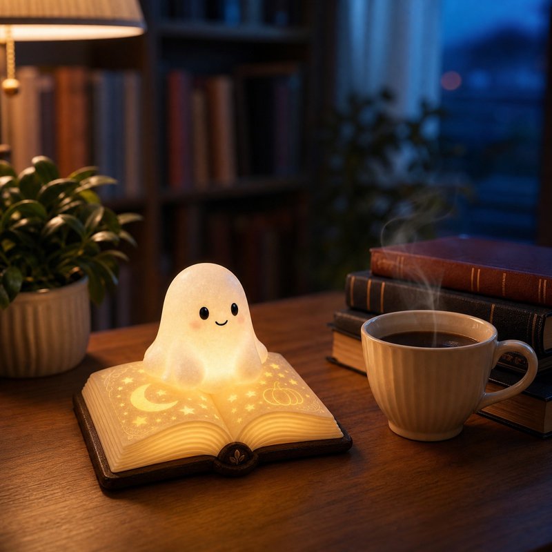 Halloween Ghost Book Lamp - Light Up Figurine Night Light for Home & Party Decor