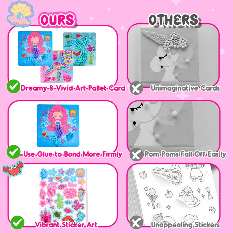 Kids Craft Kits for Girls Ages 3-6 DIY Mermaid & Unicorn Pom Pom Art Set