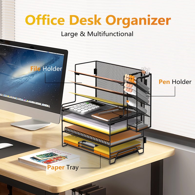 7-Tier Mesh Desk Organizer with Pen Holder for Office Supplies
