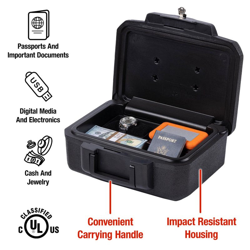Fire-Resistant Storage Chest with Key Lock, Portable Black Safe, 0.18 Cu Ft