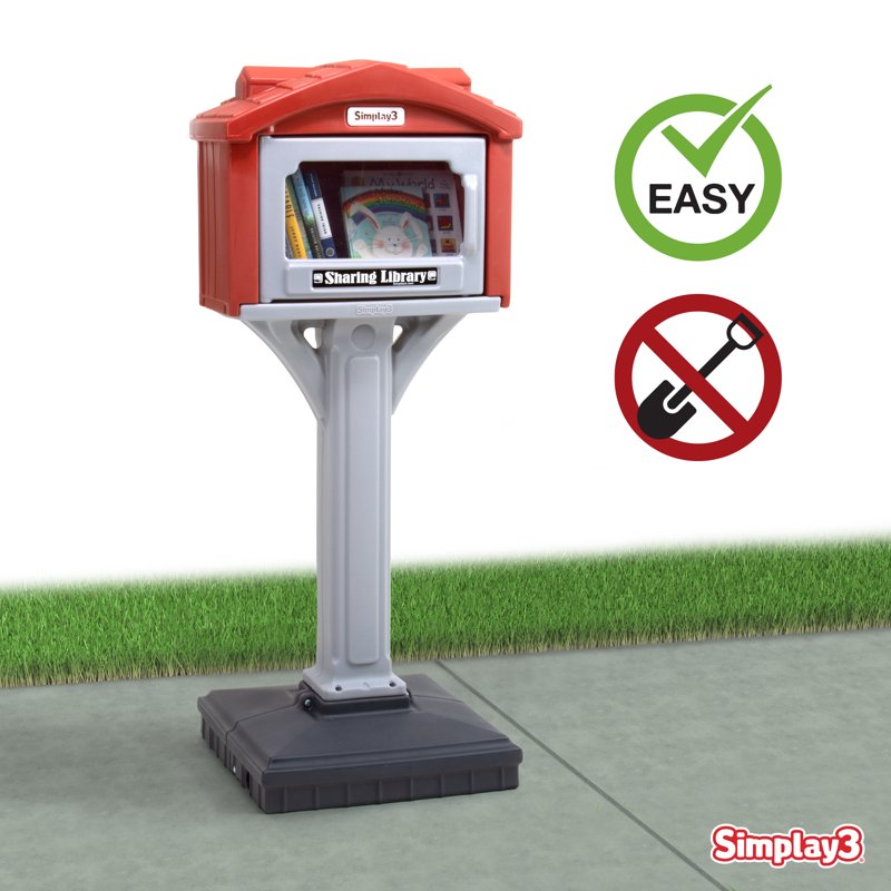 Simplay3 Indoor/Outdoor Sharing Library — Freestanding Kids Book Display, Red & Gray