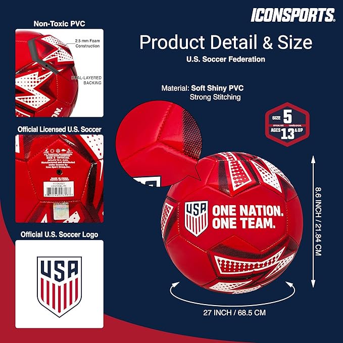 Size 5 U.S. Soccer Ball - PVC, Red with One Nation. One Team. Slogan - Variation 5, Red