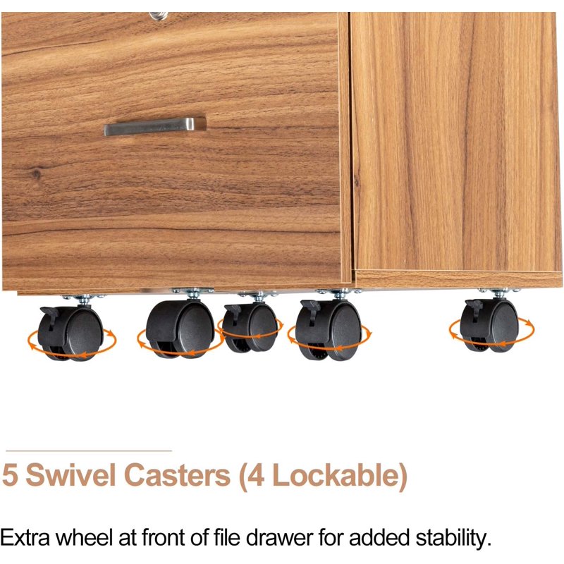 Rolling File Cabinet with Lock - 2 Drawer Wooden Mobile Storage for Office
