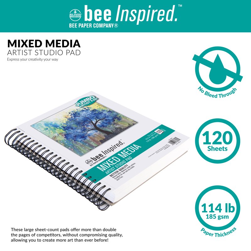 Bee Inspired Mixed Media Sketchbook Pad - 120 Sheets, Heavyweight Spiral Bound 9x12