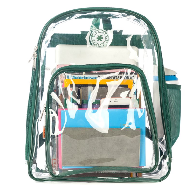 Heavy Duty Clear Backpack with Green Trim for School & Work