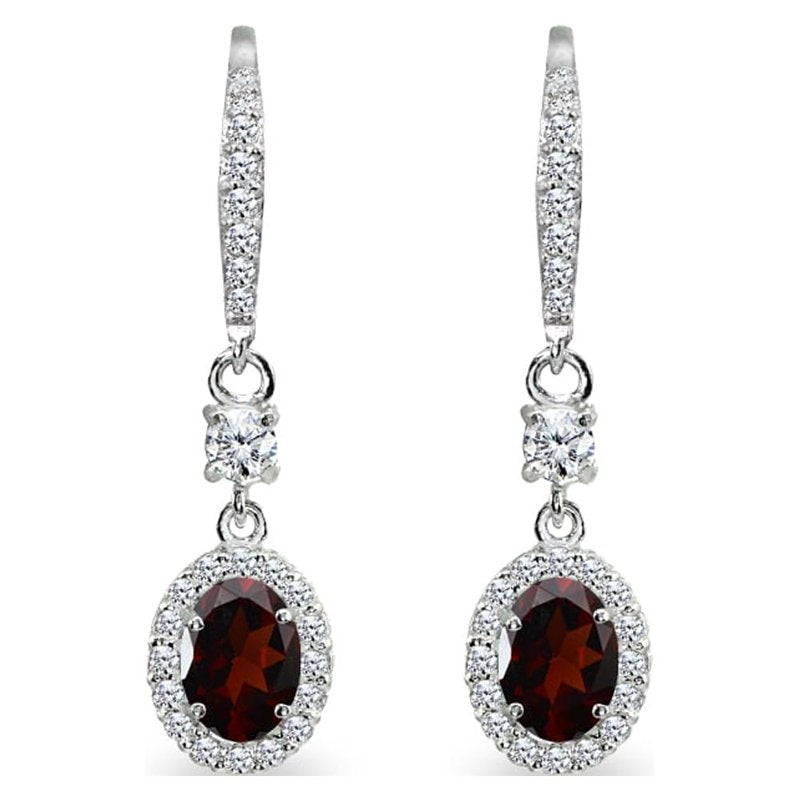 Sterling Silver Oval Halo Dangle Earrings with Gemstones for Women & Teens