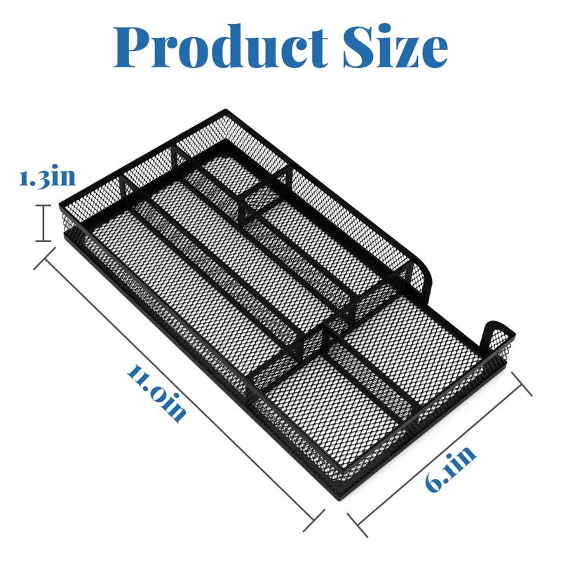 Metal Mesh Drawer Organizer for Office Supplies and Household Items - 6 Compartments, Black, 11x6.1x1.38 Inches