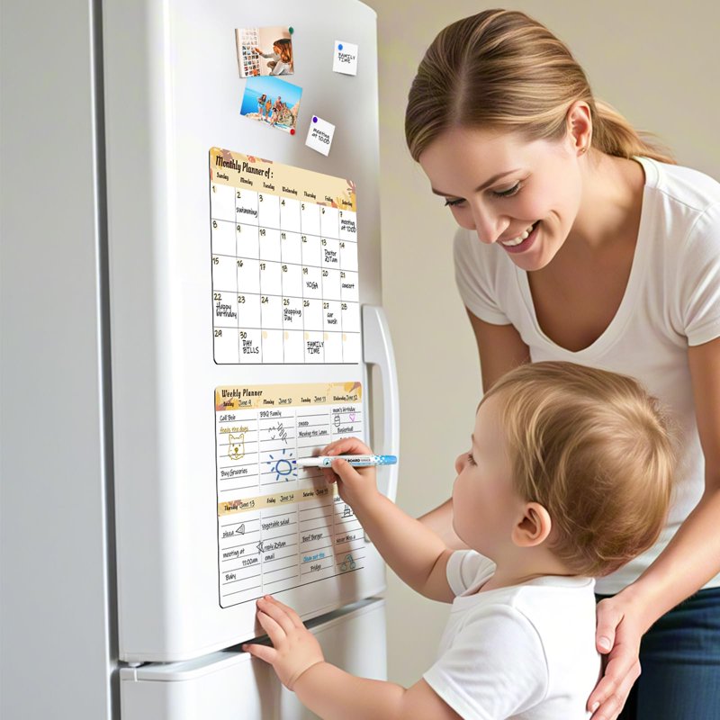 Magnetic Refrigerator Calendar Whiteboard - 17x11 Inch Family Planner & Menu Board